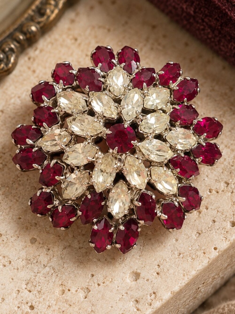Vintage Red Clear Rhinestone Navette Dome Flower Brooch Pin 1950s 1960s